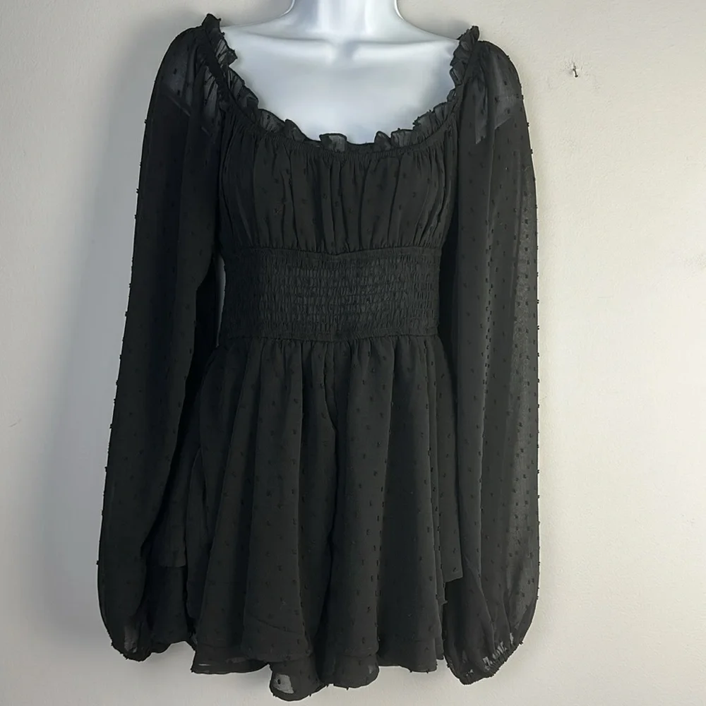 Urban Outfitters Rosie Clip Dot Smocked Long Sleeve Romper SM Black Fairygoth - Picture 2 of 16
